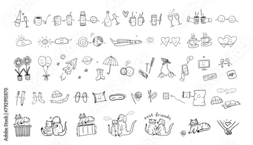 Large set of friendship clipart in doodle style. Collection with quotes, hearts, sweet, drinks, cats, dogs, sun, space, cups, party decoration. Hand drawn icons
