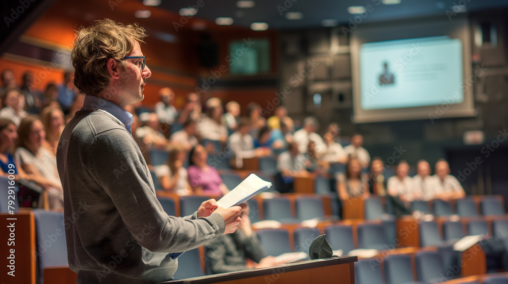 Public Speaker at University Event, Speaker addressing an audience in a university auditorium.