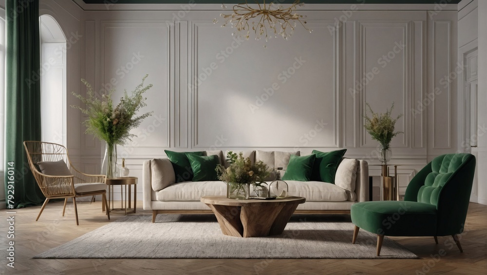 Elegant living room mockup with trendy furniture and a green arch highlighted by dried flowers. Presented in a high-resolution render, including a white sofa and armchair.