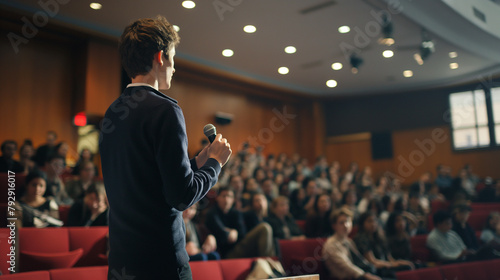 Speaker Presenting at Conference, Man with microphone presenting to audience in a lecture hall.