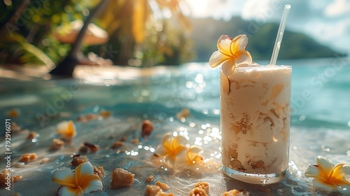 Banana milkshake with vanilla flowers on a luxury beach background. Summer vacation and beverage concept. For sea holiday. Soft drink shot for wallpaper, poster, banner photo