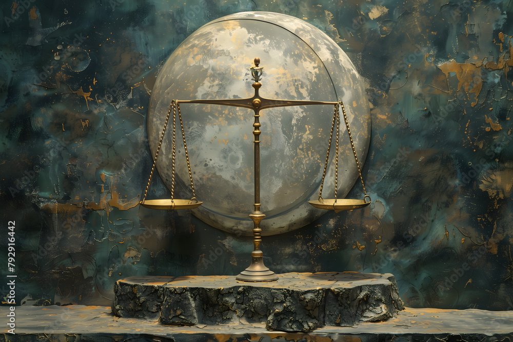 Illustration of a scale symbolizing the law. The scale stands on top of a stone podium