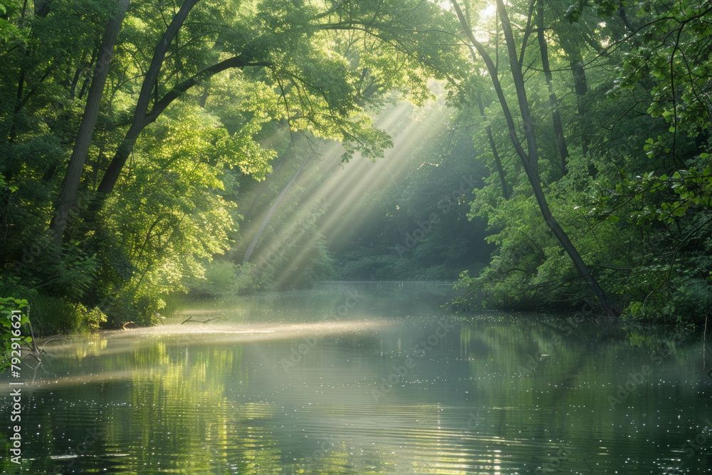 A tranquil landscape photograph depicting a peaceful scene of nature, with soft sunlight filtering through the trees and reflecting off a calm body of water. A tranquil landscape photograph depicting a peaceful scene of nature, with soft sunlight filtering through the trees and reflecting off a calm body of water.
