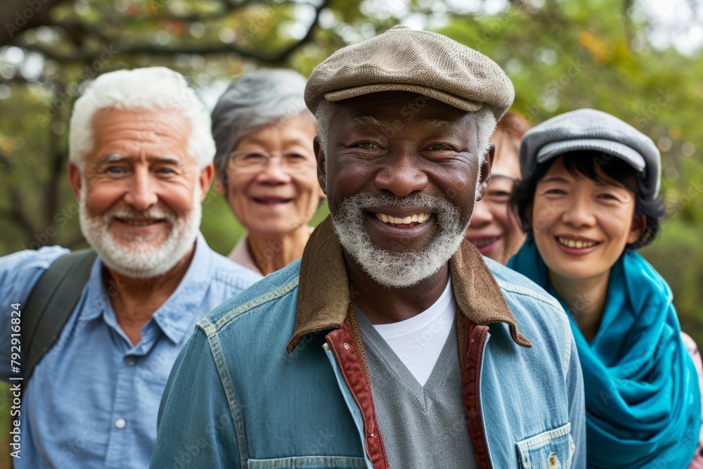 Group of senior friends having fun in the park. They are smiling and looking at camera. Group of senior friends having fun in the park. They are smiling and looking at camera.