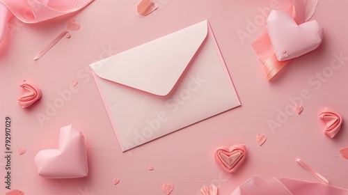 Unwrap a lovely pink envelope resting on a soft pastel pink table adorned with a charming paper card and heart decoration Ideal for special occasions such as birthdays weddings Mother s Day