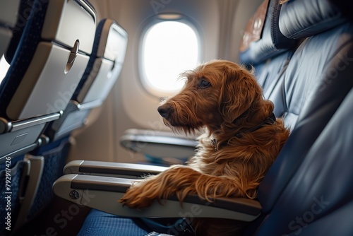 the dog is flying on an airplane in economy class photo