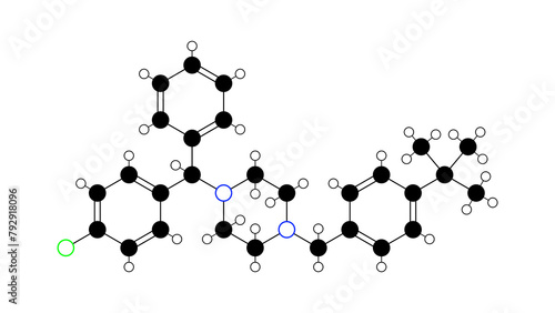 buclizine molecule, structural chemical formula, ball-and-stick model, isolated image antihistamine