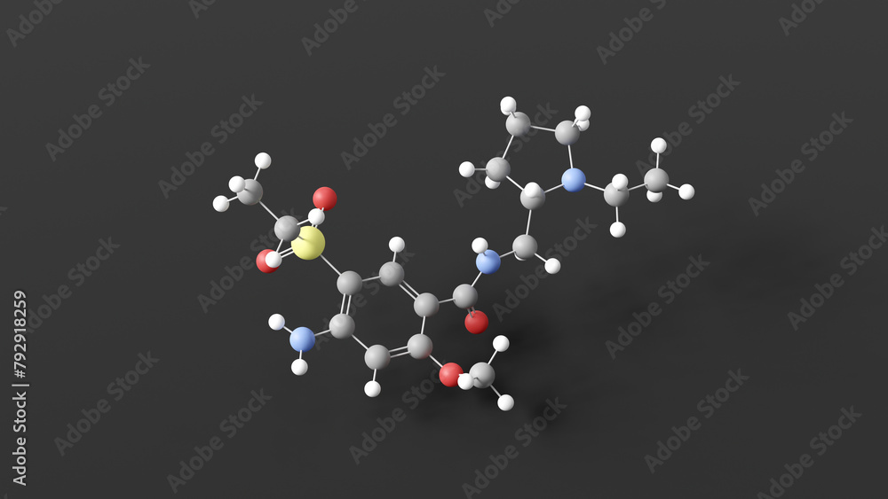 amisulpride molecular structure, antiemetic, ball and stick 3d model, structural chemical formula with colored atoms amisulpride molecular structure, antiemetic, ball and stick 3d model, structural chemical formula with colored atoms