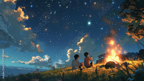 Beneath a starlit sky, a campfire crackles merrily as friends roast marshmallows photo