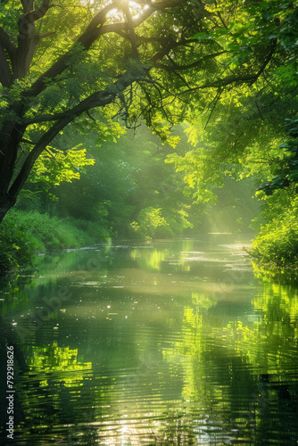 A tranquil landscape photograph depicting a peaceful scene of nature, with soft sunlight filtering through the trees and reflecting off a calm body of water. 