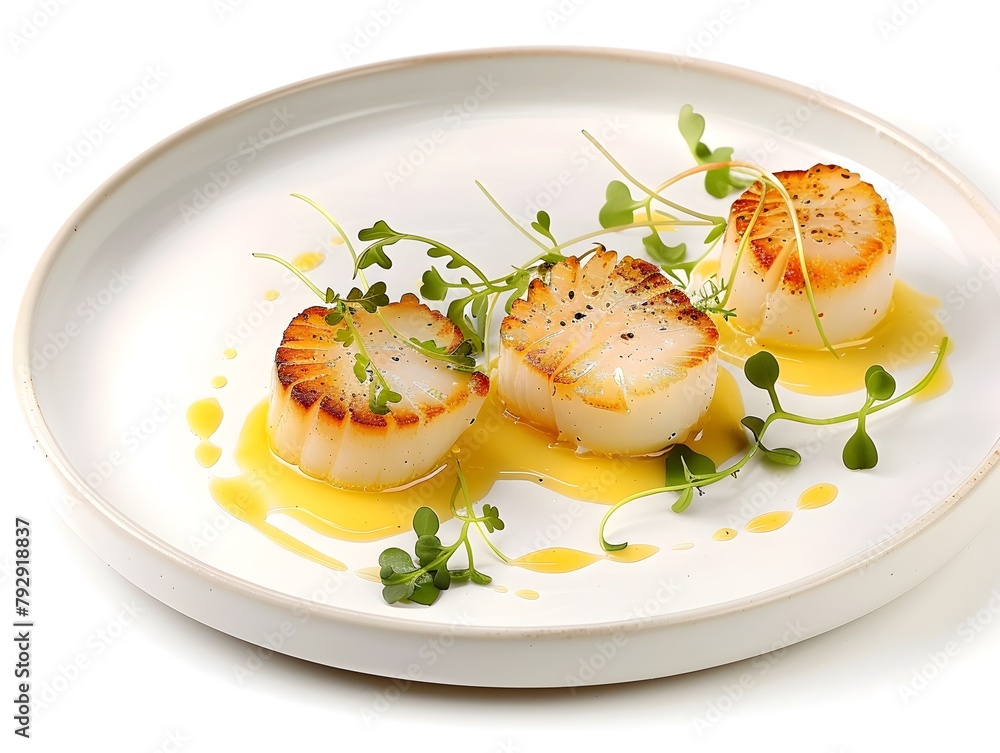 Perfectly Seared Scallops with Citrus Beurre Blanc and Micro Greens Garnish on a Polished Plate
