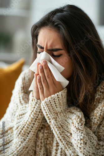 Ill woman in a cozy sweater blowing her nose a sign of a cold or flu season