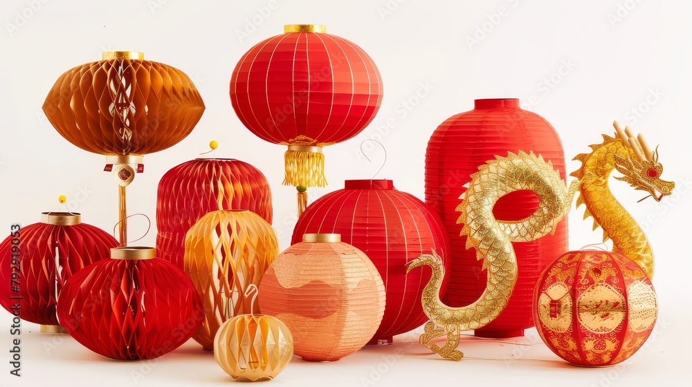 Fototapeta premium Chinese New Year Lanterns and Golden Dragon Decoration
