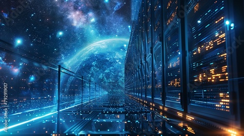 A data center bathed in light orbits through cosmic realms representing a vision of limitless storage among the stars