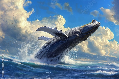 Humpback whales breaking out of the ocean © wpw