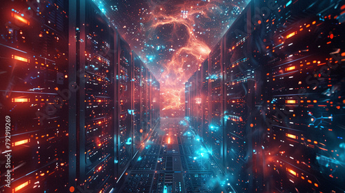 A data center bathed in light orbits through cosmic realms representing a vision of limitless storage among the stars