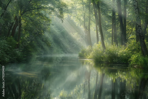A tranquil landscape photograph depicting a peaceful scene of nature, with soft sunlight filtering through the trees and reflecting off a calm body of water.  photo
