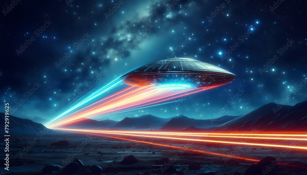 A spaceship flying in a night sky with a star filled sky behind it generated by ai A spaceship flying in a night sky with a star filled sky behind it generated by ai