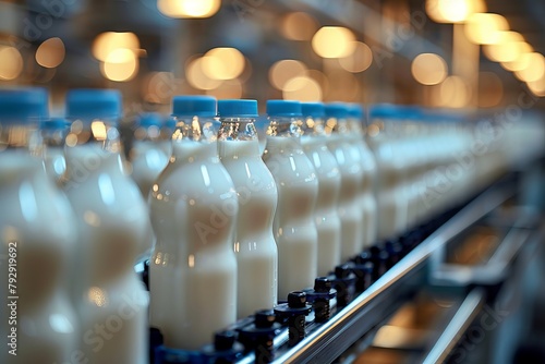 A line of freshly bottled milk in a factory, ready for distribution.