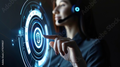Concept of businesswoman touching virtual screen buttons at customer support call centers. photo