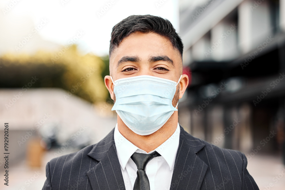 Face mask, business and portrait of Indian man in city for healthcare, security or outdoor safety in England. Flu, corporate or happy lawyer in pandemic for covid compliance, f or corona virus