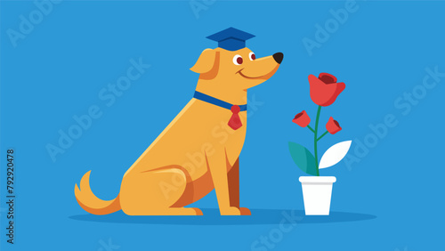 A dog sitting patiently and holding a rose in their mouth as their owner proudly takes a photo to commemorate their graduation from agility