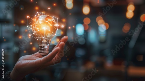 Hand holding a creative light bulb with icons of marketing network, analysis solution, modern business, and innovative new ideas. photo