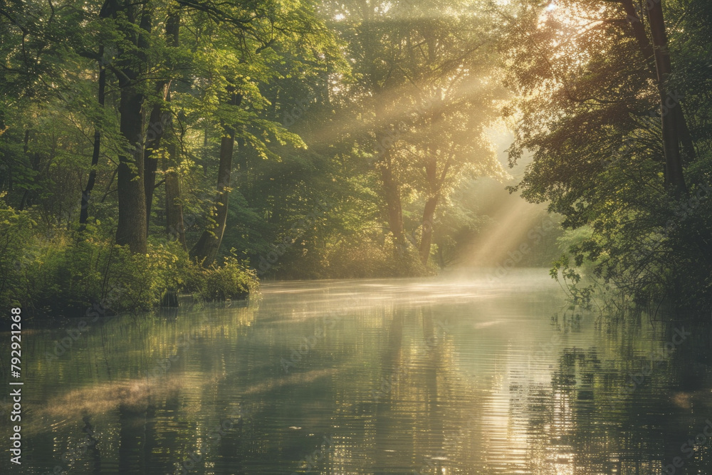 A tranquil landscape photograph depicting a peaceful scene of nature, with soft sunlight filtering through the trees and reflecting off a calm body of water. A tranquil landscape photograph depicting a peaceful scene of nature, with soft sunlight filtering through the trees and reflecting off a calm body of water.