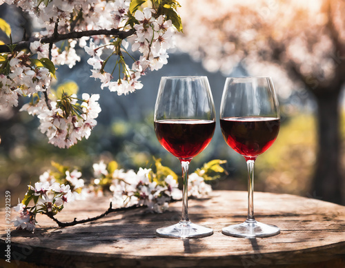 Two glasses of red wine on a wooden table in a blooming cherry garden in springtime photo