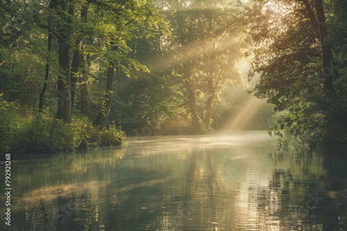 A tranquil landscape photograph depicting a peaceful scene of nature, with soft sunlight filtering through the trees and reflecting off a calm body of water.  © grey