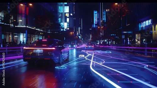 Futuristic Neon-Lit Urban Street with Advanced Car Sensors and Sleek Vehicles in Motion © pkproject