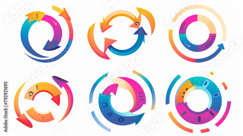 Colorful circle arrow charts. Multicolor spinning arrows, repeat circle combinations and reload icon vector set. Business strategy workflow process infographic elements, circular statistics diagrams