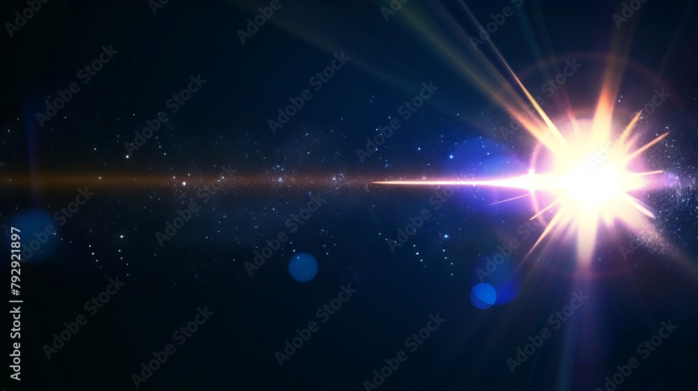 A cosmic scene unfolds with a galaxy as the backdrop and a radiant star at the center, all set against a deep blue sky.