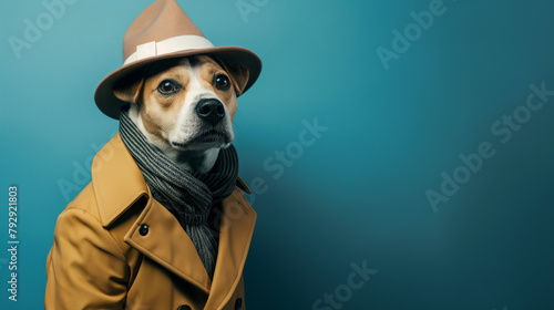 Cachorro fantasiado de detetive no fundo azul   photo