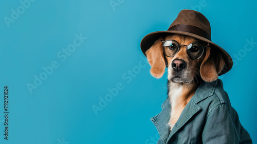 Cachorro fantasiado de detetive no fundo azul   photo