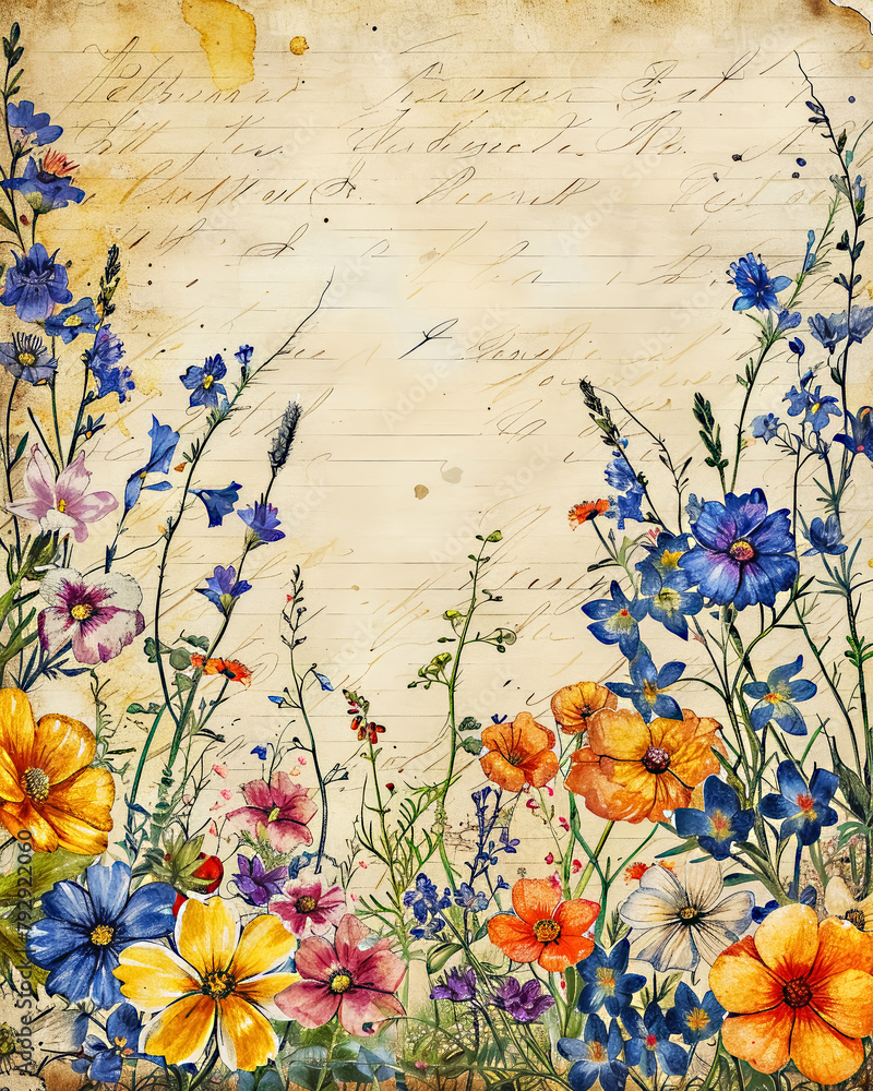 Vintage Rainbow Wildflowers Background in Distressed Grunge Style