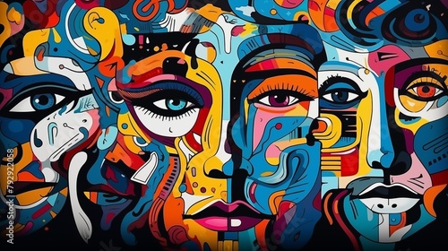Abstract background with faces collage black and white and colours elements, psychology, stress wallpaper illustration.