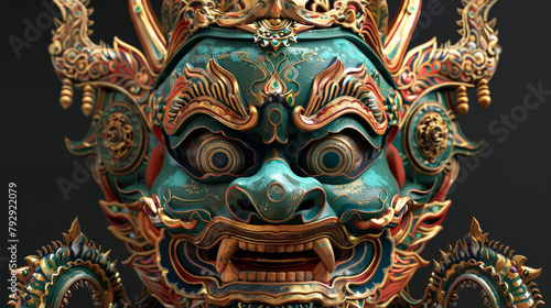 Elaborate Traditional Thai Mask in Dramatic Light