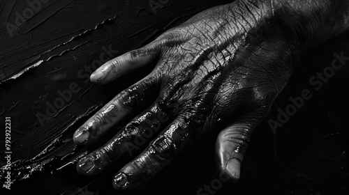 Artist's hand covered in oil and paint on a black background, closeup in black and white