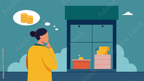 A person staring longingly at an expensive item in a store window while their rational side reminds them of their budget.