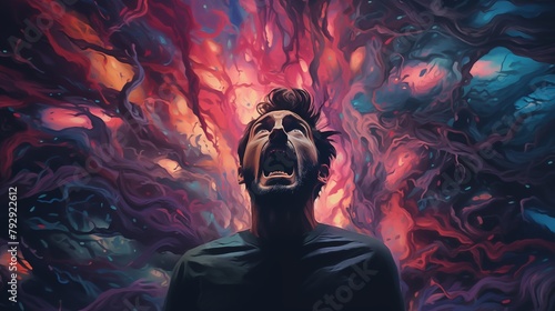 An abstract vision of an anxious, scared, depressed, overworked, and unhappy person having a panic attack. A mental health crisis in America.