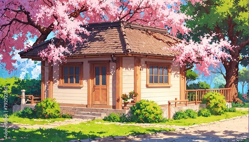 small cottage house in cherry blossom in landscape anime cartoon illustration from Generative AI