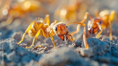 Macro image of fire ant pheromones signaling colony activities like foraging. Concept Macro Photography, Fire Ants, Pheromones, Colony Activities, Foraging photo