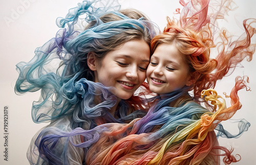 colorful smoke sculpture portrait of a portraits happiness a Mother and a small child are smiling and hugging and looking together lovingly,  photo