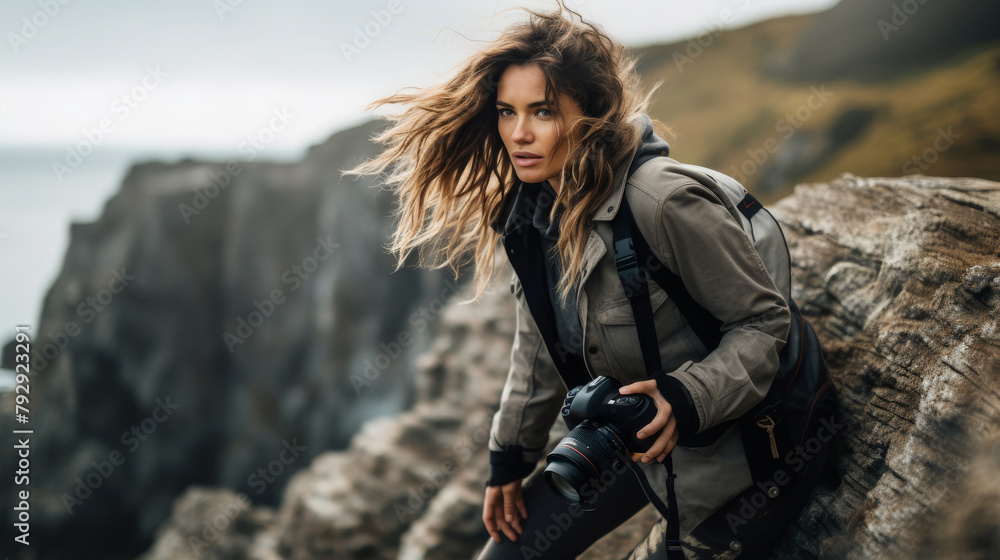 A female hiker on a mountain trail, captured in mid-action. The image is a blend of adventure and tranquility, with the woman dressed in outdoor gear and backpacking equipment.