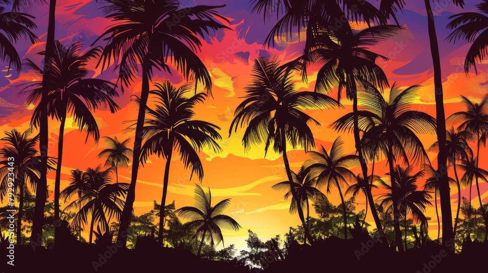 Tropical Sunset Paradise with Silhouetted Palm Trees