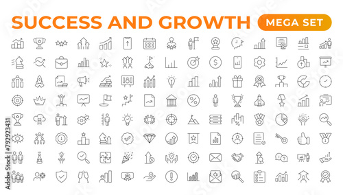 Growth and success line icons collection. Big UI icon set in a flat design. Thin outline pack. Vector illustration.Growth & Success set. Successful business development, plan process symbol.