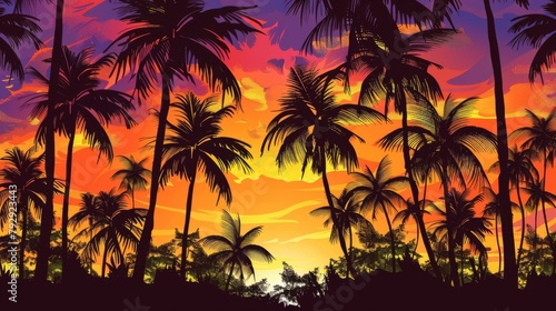 Tropical Sunset Paradise with Silhouetted Palm Trees © Oksana Smyshliaeva