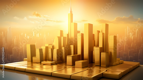 A pile of gold bars with a stock market chart in the background