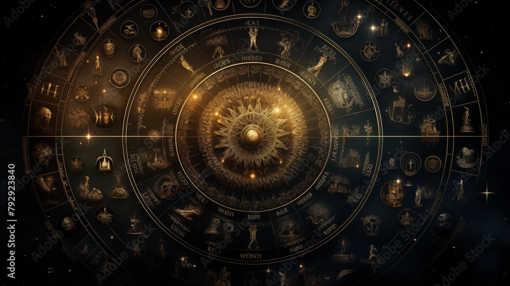 Backdrop of sacred zodiac symbols, astrology, alchemy, magic, sorcery and fortune telling.